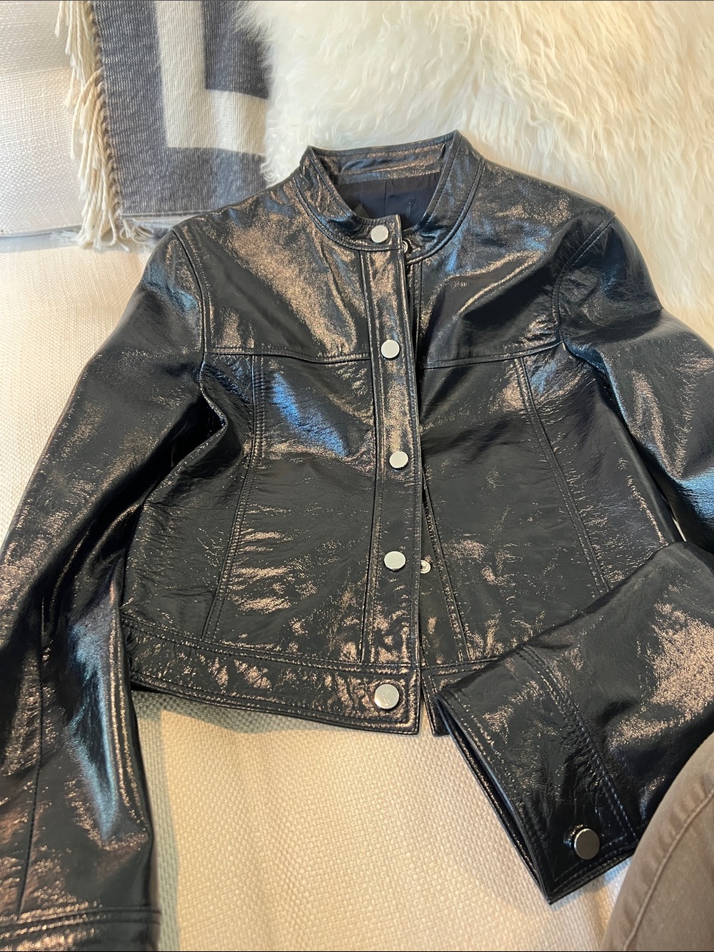 Theory Shiny Navy Snap-Front Leather Jacket